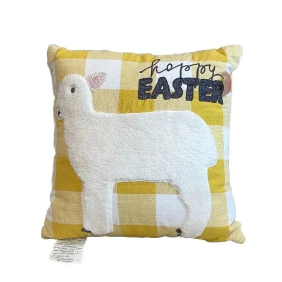 Happy‎ Easter White Fluffy Lamb Yellow Throw Pillow Decorative NEW 15” X 15” - Picture 1 of 2